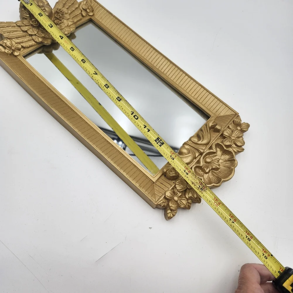 Vintage gold 80s Hollywood Regency Cherub Angel Figural Wall Mirror guilded